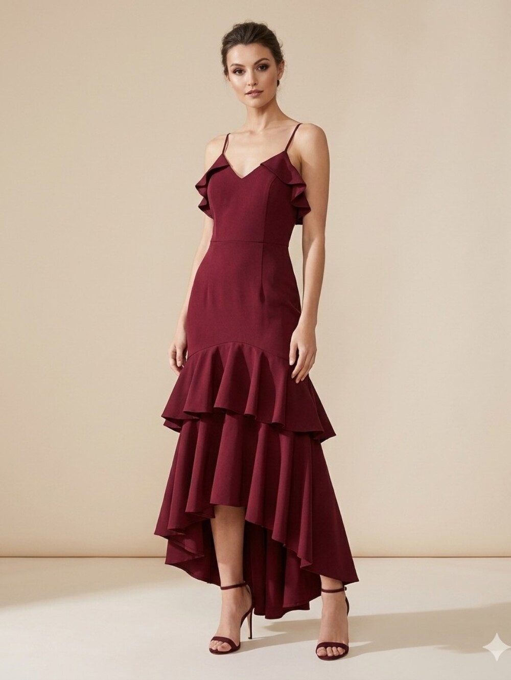 Jarlo London Mina Burgundy Tiered Ruffled Evening Maxi Dress